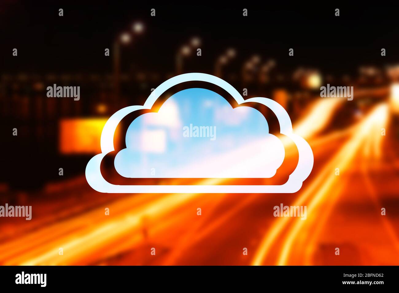 Cloud icon on blurred road traffic lights background. Modern technology concept Stock Photo