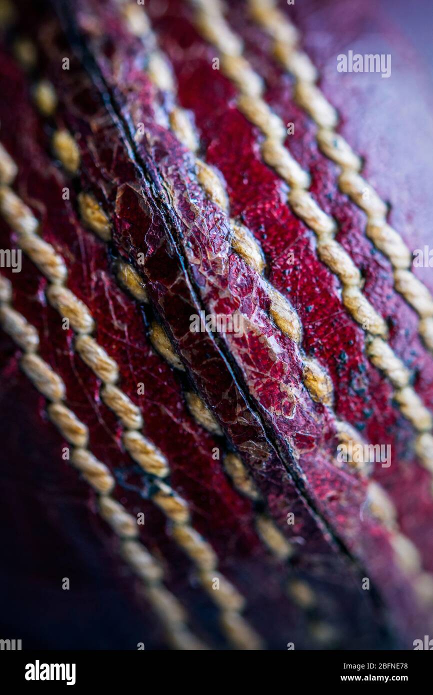 Macro image of the seam on a cricket ball Stock Photo
