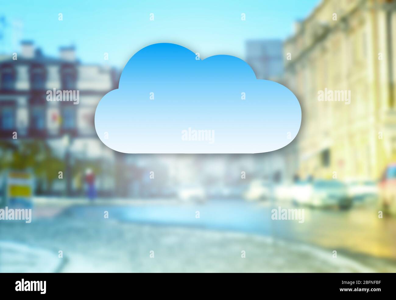 Cloud icon on blurred cityscape background. Modern technology concept Stock Photo
