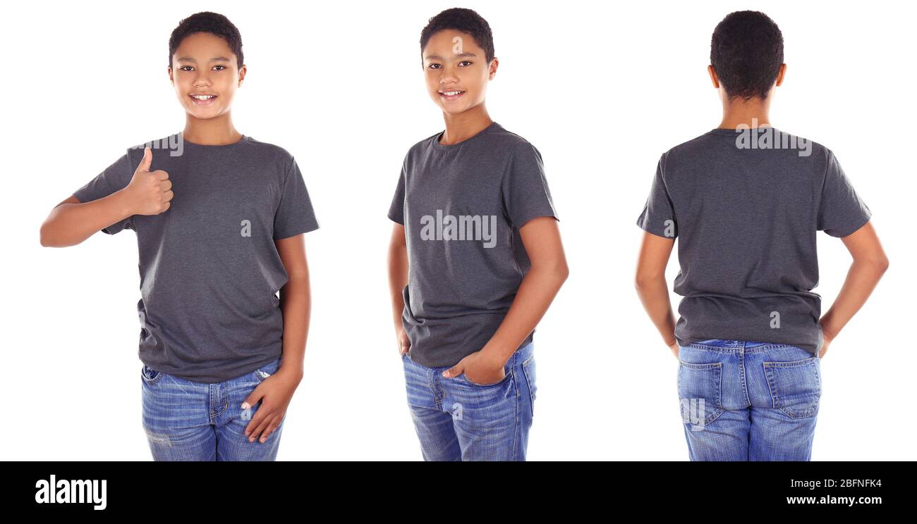 Different views of boy wearing tshirt on white background Stock Photo