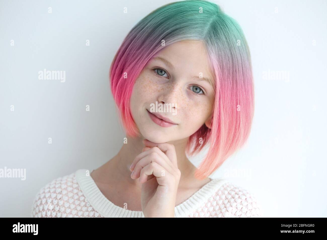 Trendy hairstyle concept. Girl with colorful dyed hair on white background Stock Photo - Alamy Trendy hairstyle concept. Girl with colorful dyed hair on white background Stock Photo - Alamy