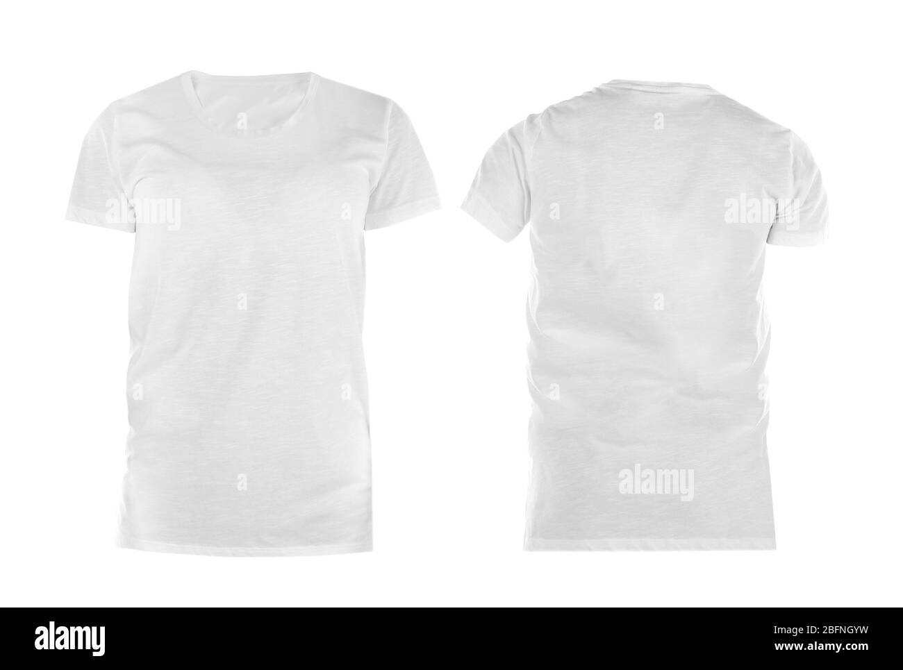 Front and back views of t-shirt on white background Stock Photo