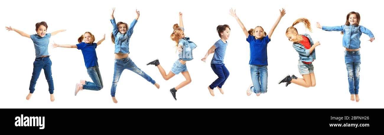 Cute jumping children on white background Stock Photo - Alamy