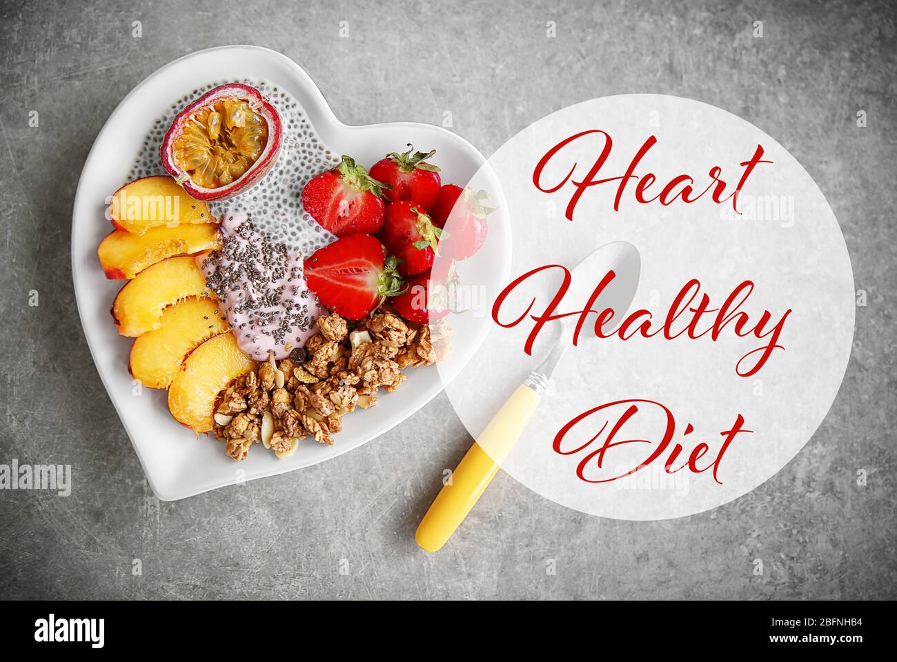 Diet for healthy heart concept. Food on gray background Stock Photo - Alamy