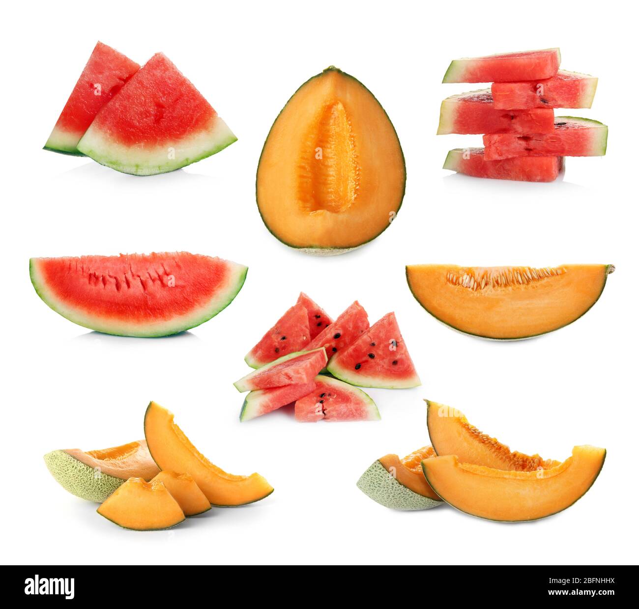 Set of fresh sliced melons and watermelons on white background Stock