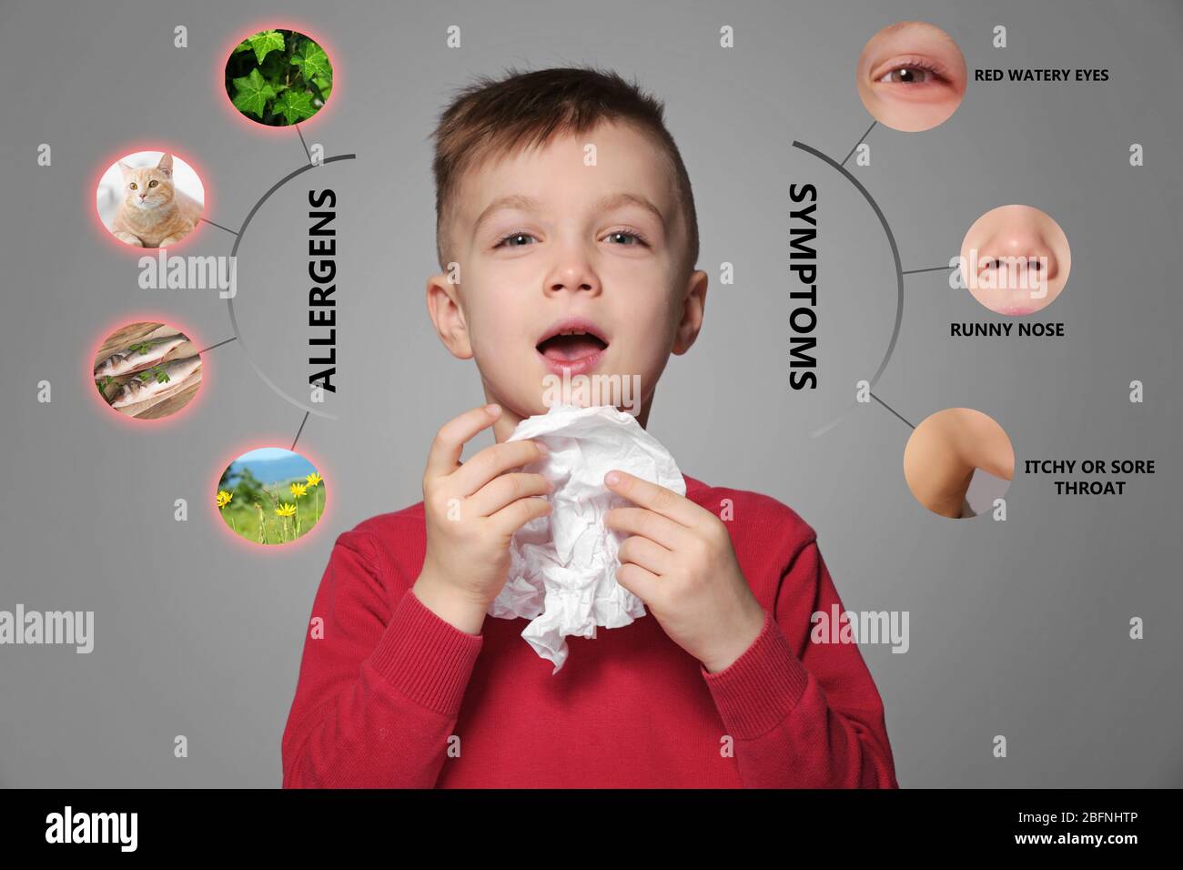 Sick little boy and list of allergies symptoms and causes on grey background Stock Photo