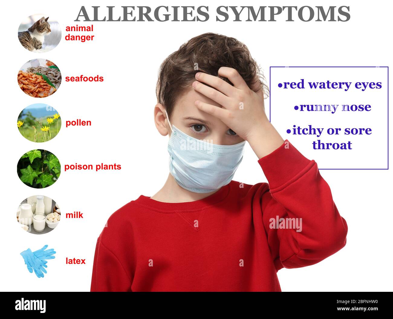 Sick little boy and list of allergies symptoms and causes on white background Stock Photo Alamy