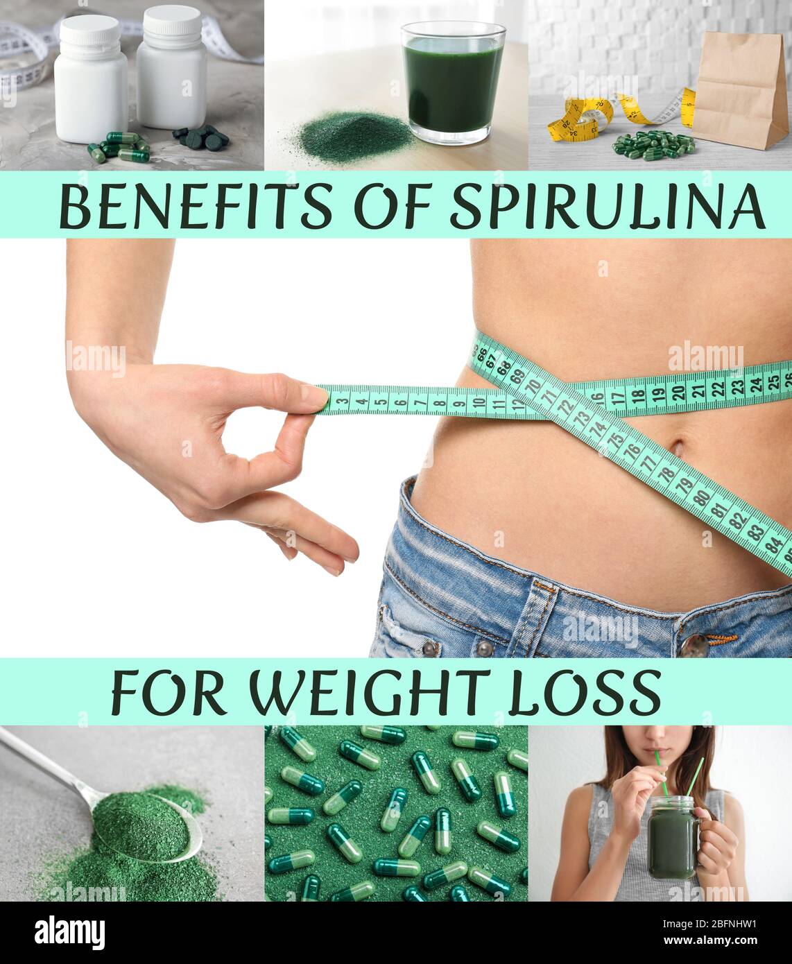 Collage with spirulina for weight loss concept Stock Photo - Alamy