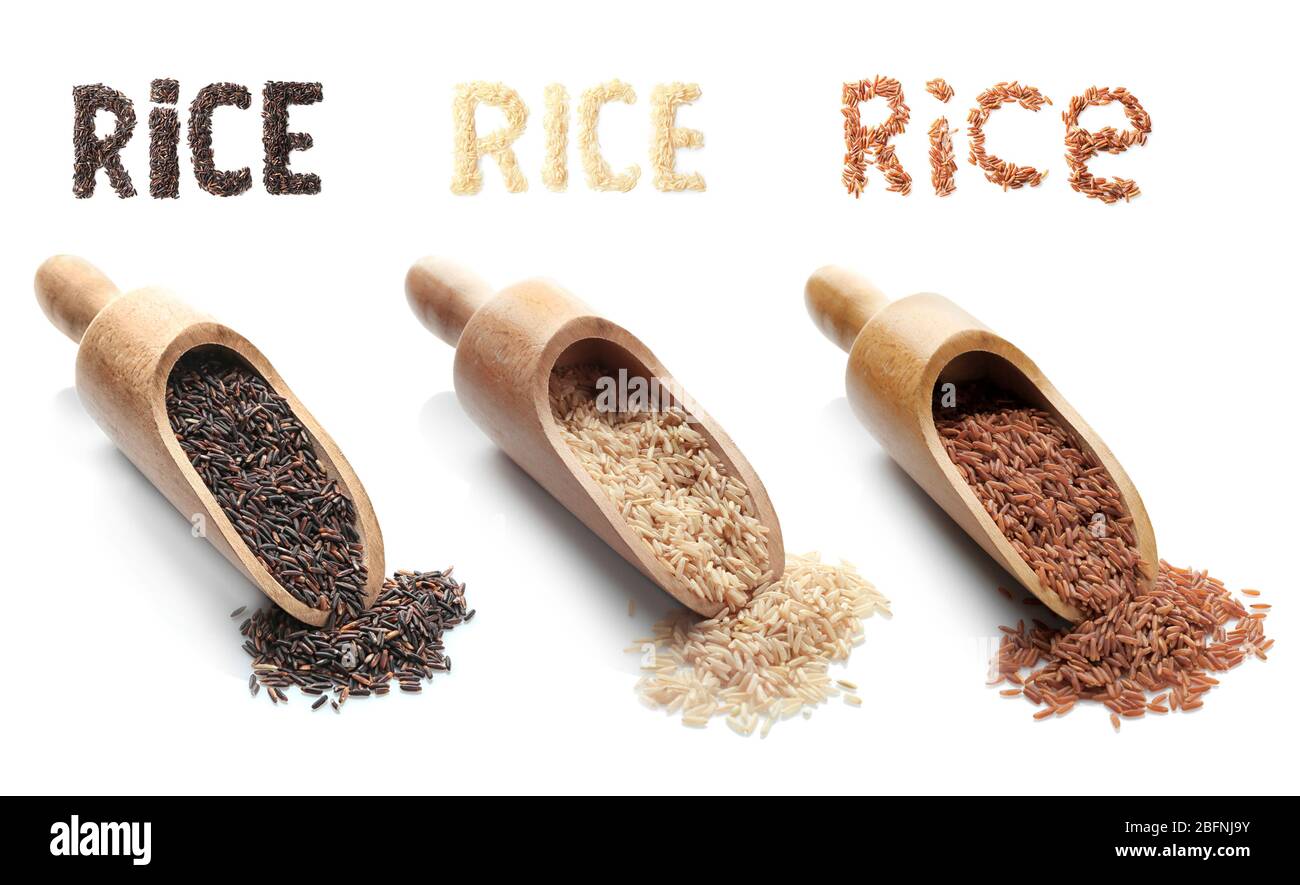 Wooden scoops with different kinds of rice on white background Stock ...