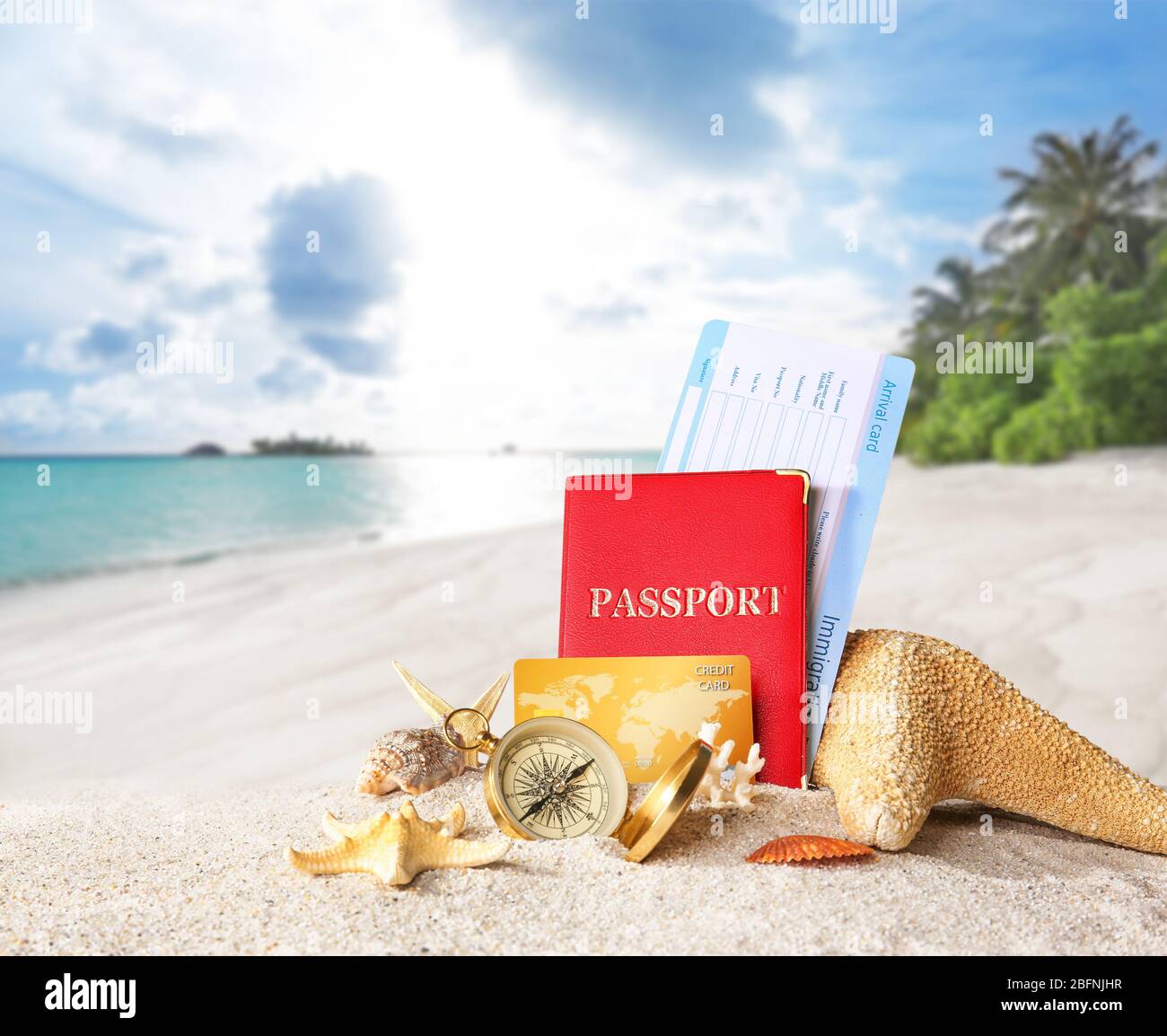 Composition with credit card on tropical beach Stock Photo