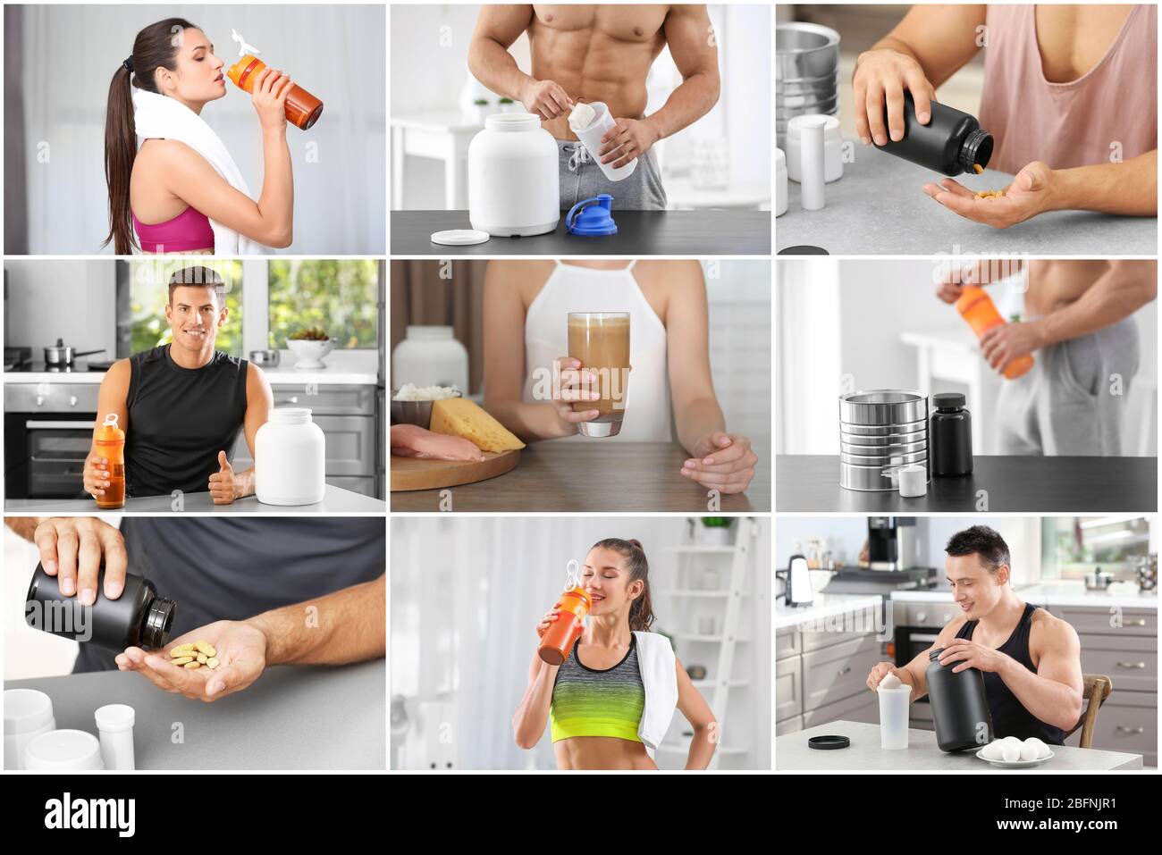 Collage of people with protein shakes Stock Photo