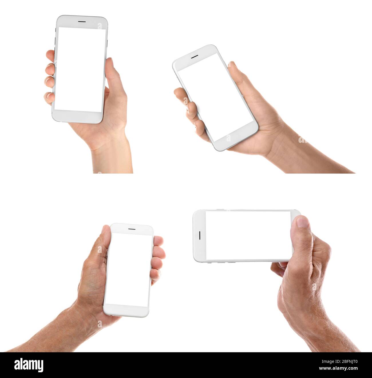 Collage of people holding mobile phone with blank screens on white ...