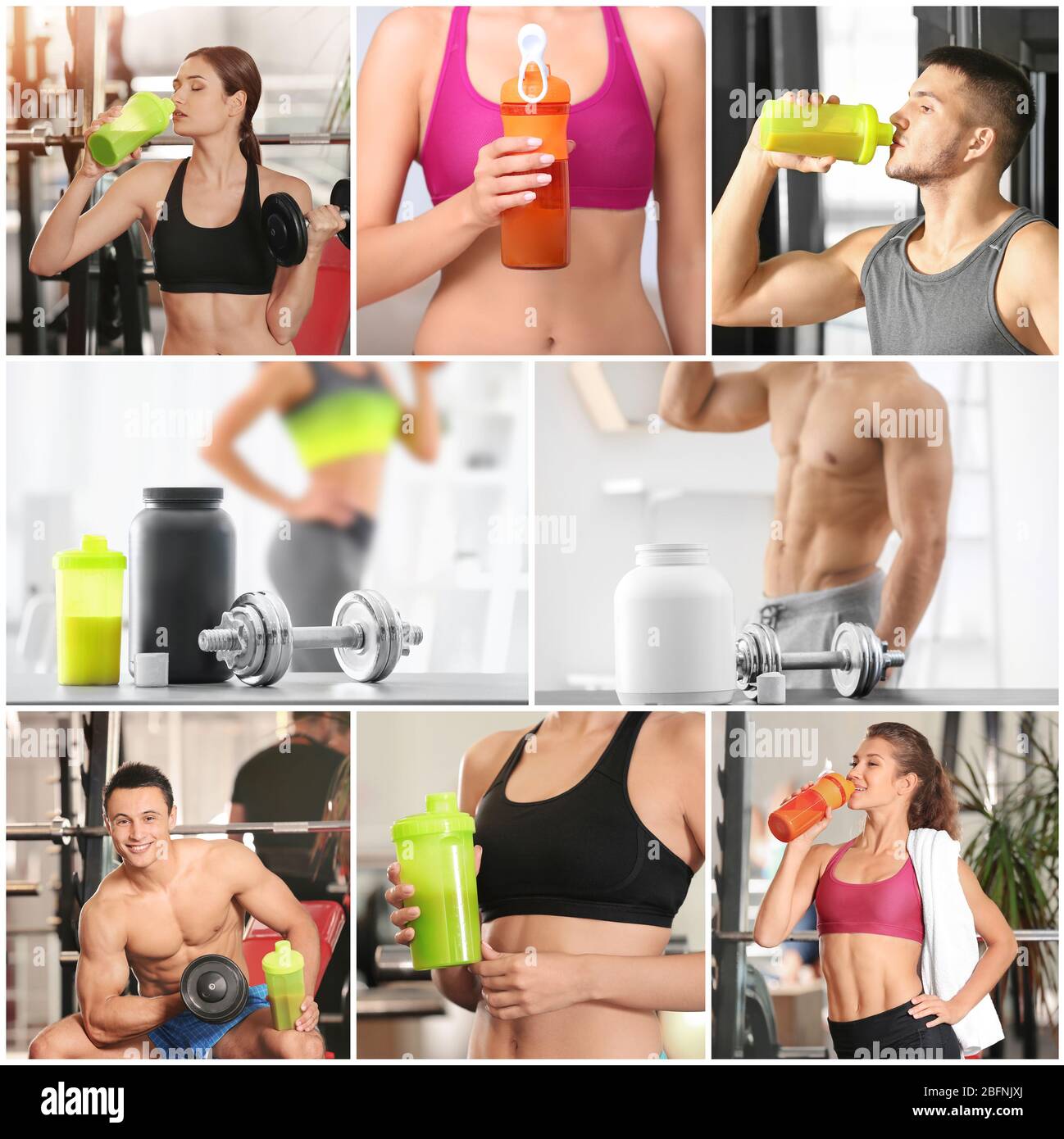 Collage of people with protein shakes Stock Photo
