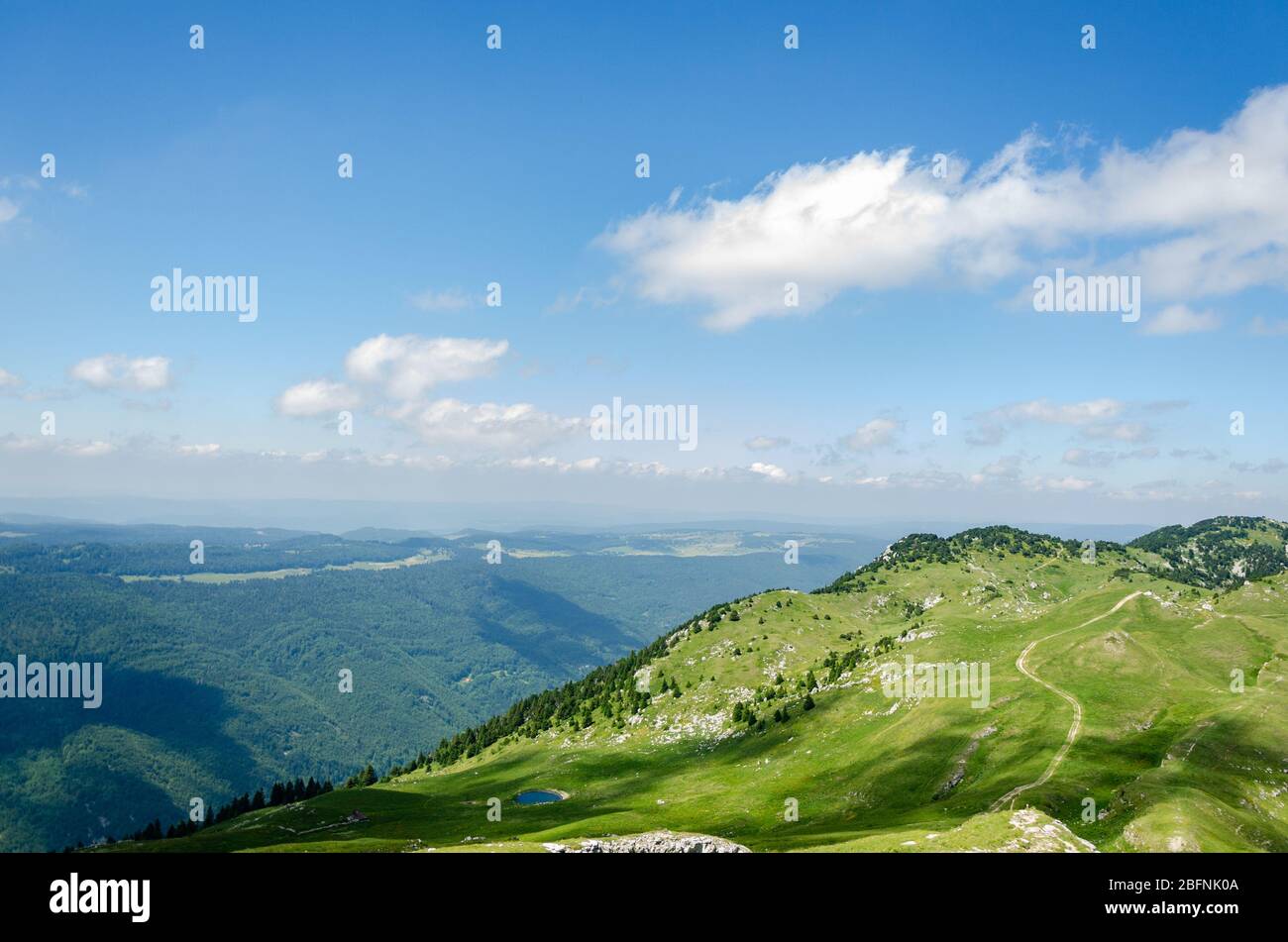 Beautiful view of the green mountainous landscape during summer season from the peak of Le Reculet in Jura Mountains, France Stock Photo