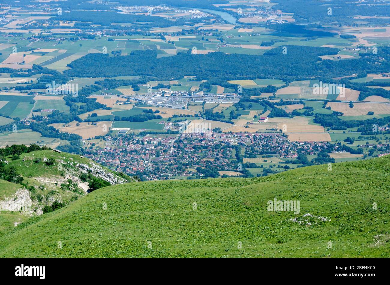 View of the Thoiry region in France and Geneva in Switzerland during summer season from the peak of Le Reculet in Jura Mountains, France Stock Photo