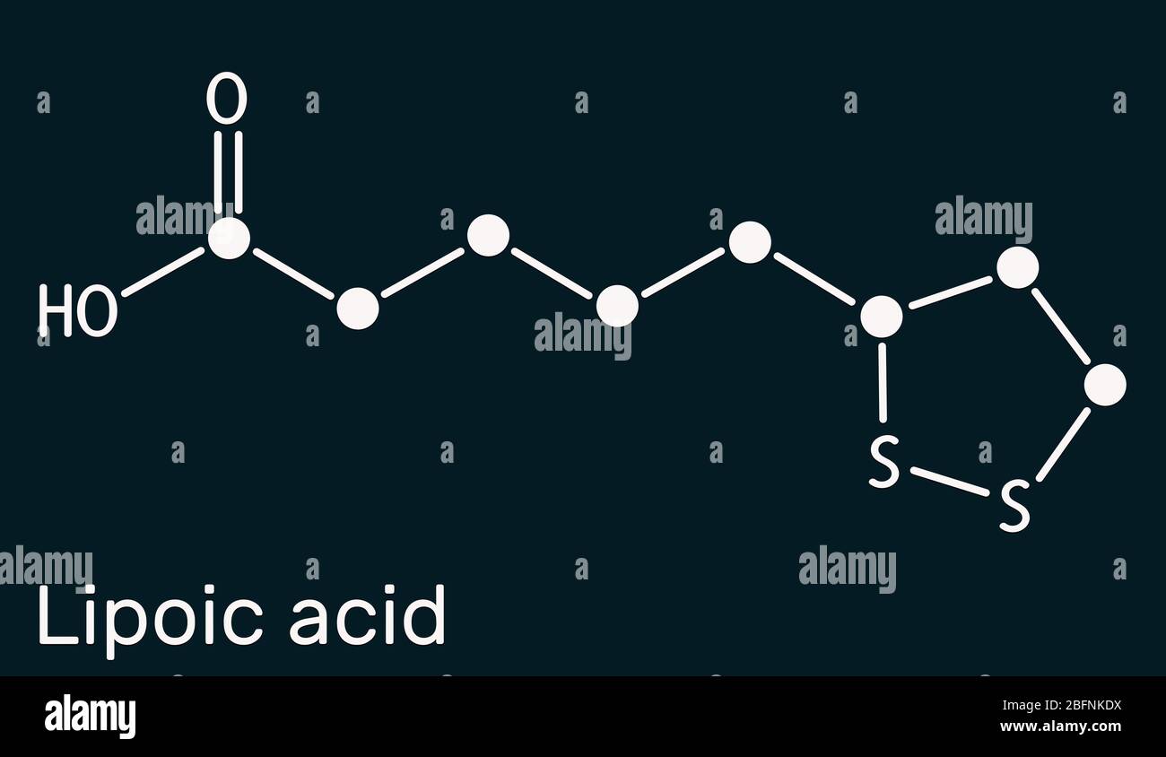 Lipoic acid, LA, ALA, alpha lipoic, thioctic acid, lipoate molecule. It