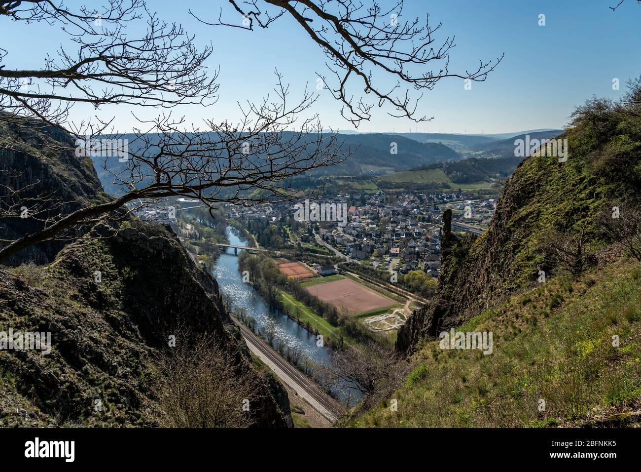 view on bad münster am stein from rotenfels view point in hunsrück, germany Stock Photo