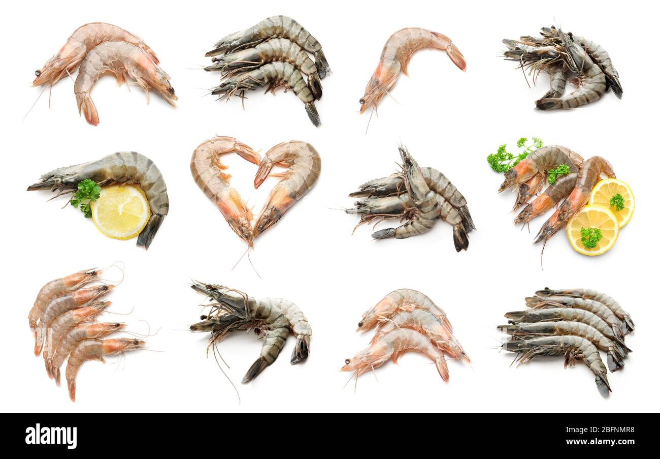 Set of raw shrimps on white background Stock Photo - Alamy