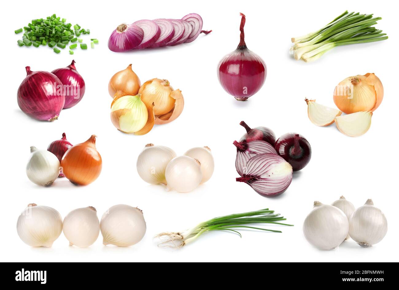 Collage with different kinds of onion on white background Stock Photo ...