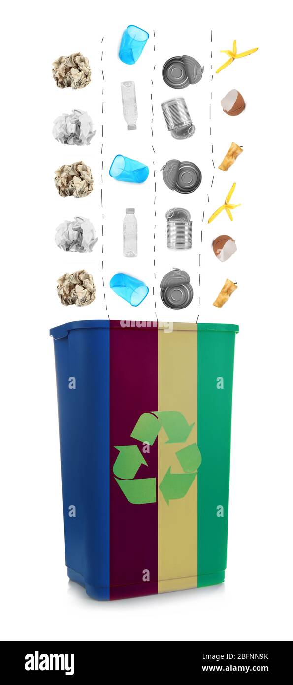 Recycling concept. Bin for different garbage on white background Stock Photo