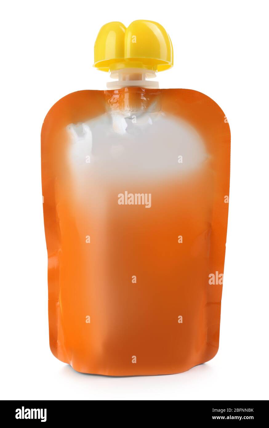 Pouch of baby food on white background. Mockup for design Stock Photo