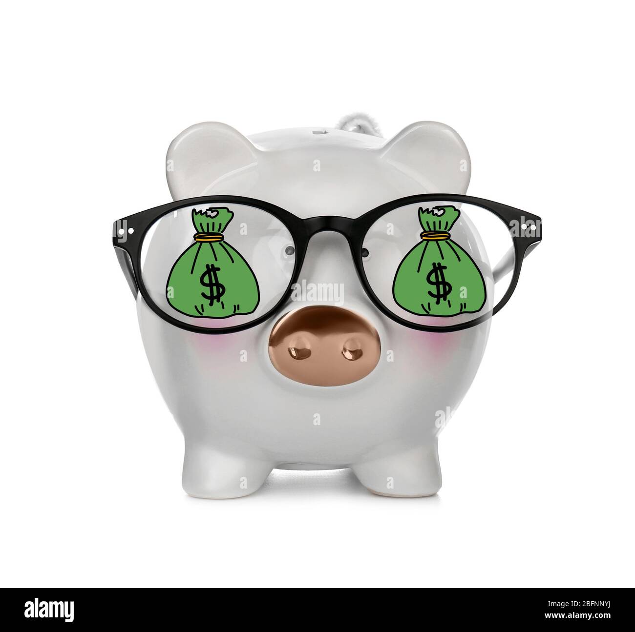 Piggy bank with reflection of money bag in glasses on white background ...