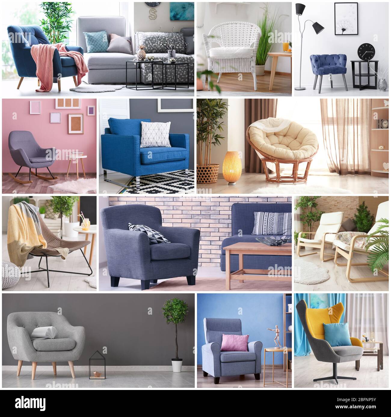 Collage with stylish and comfortable armchairs in different room ...