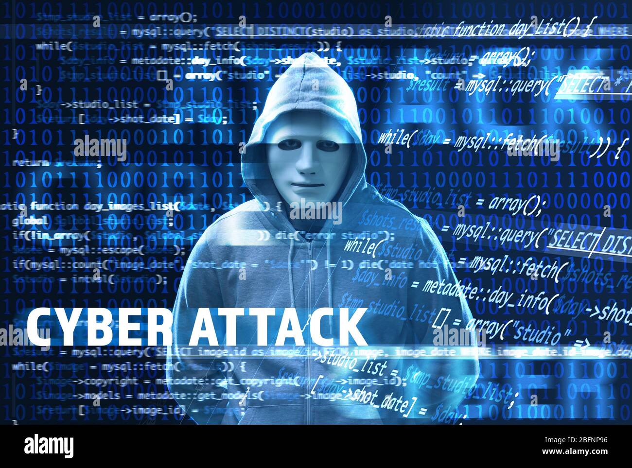 Text CYBER ATTACK and hacker in mask and code on dark background Stock Photo