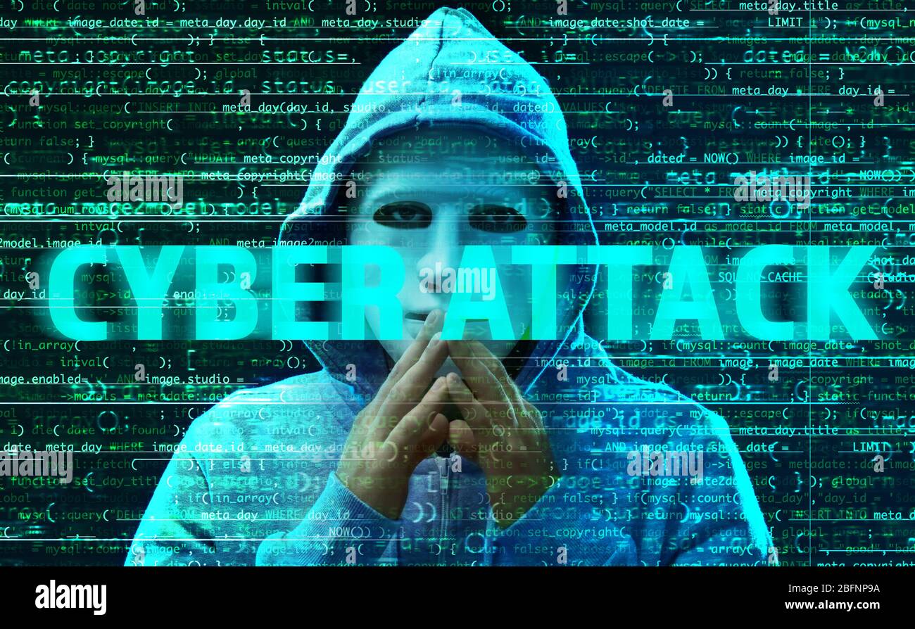 Text CYBER ATTACK and hacker in mask and code on dark background Stock Photo