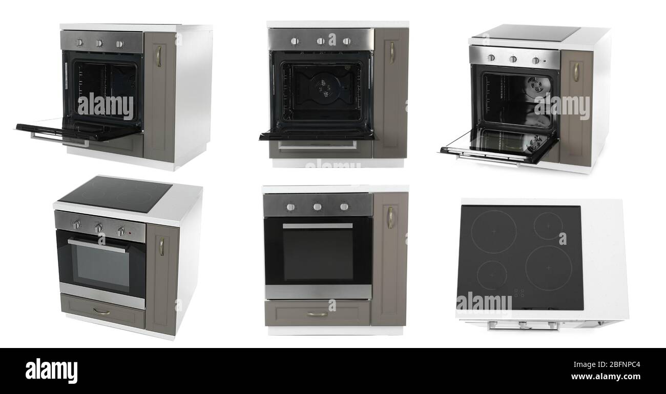 Set of electric ovens on white background Stock Photo Alamy