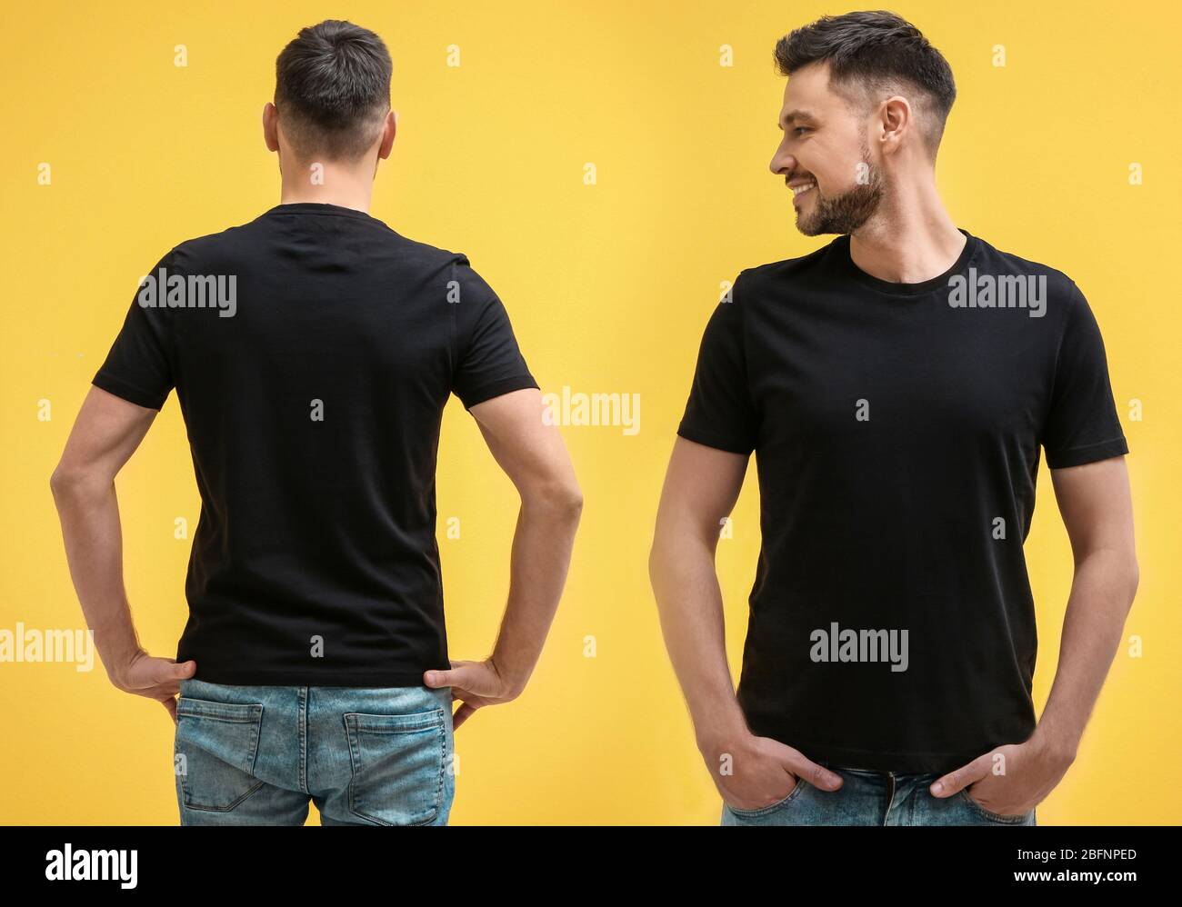 Download Front And Back Views Of Man In Blank Stylish T Shirt On Yellow Background Mockup For Design Stock Photo Alamy PSD Mockup Templates