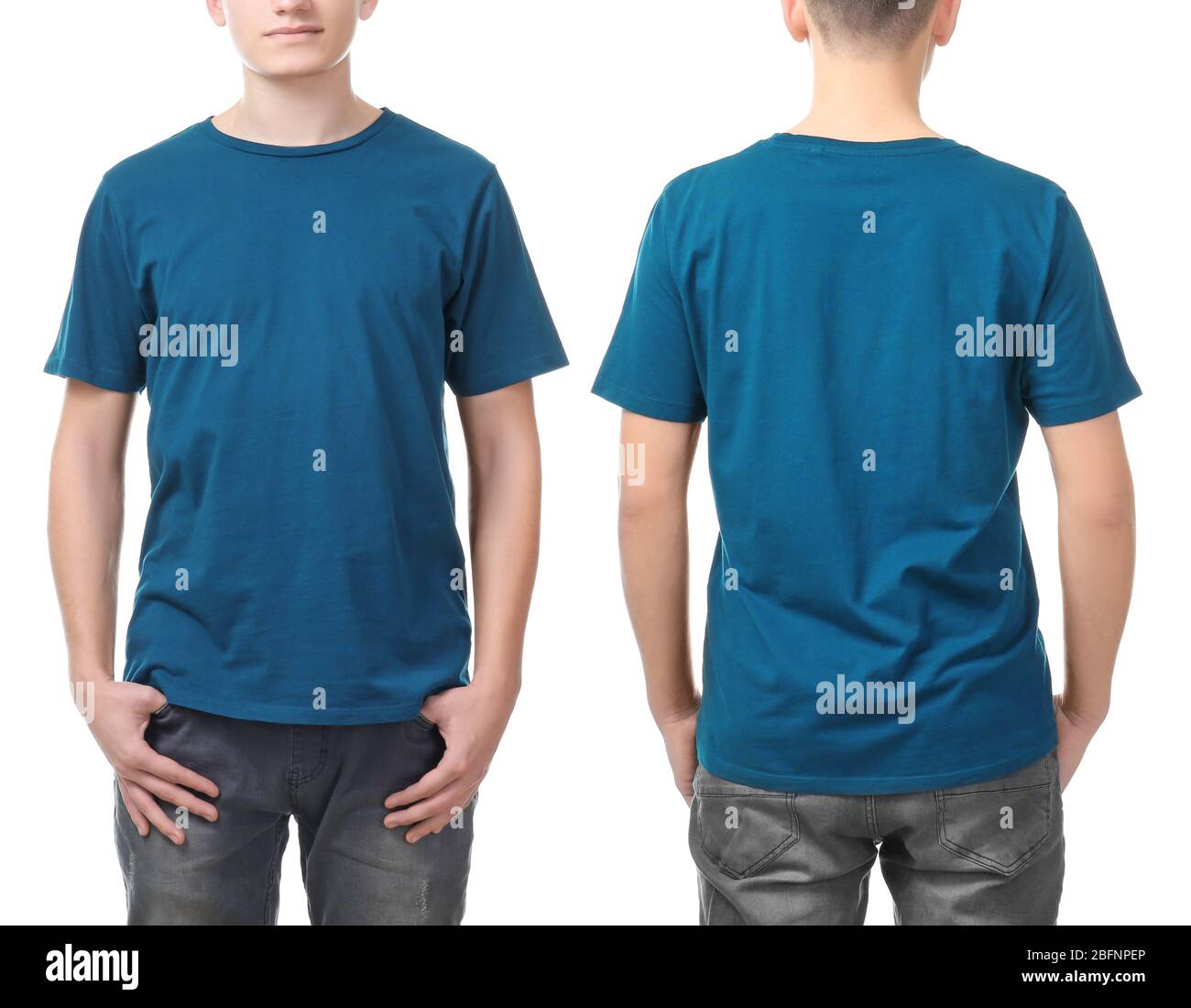 Front and back views of young man in stylish t-shirt on white ...