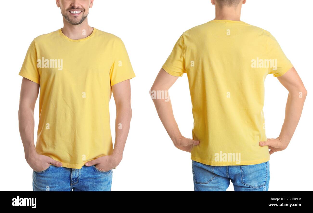 Front and back views of young man in blank stylish t-shirt on white ...