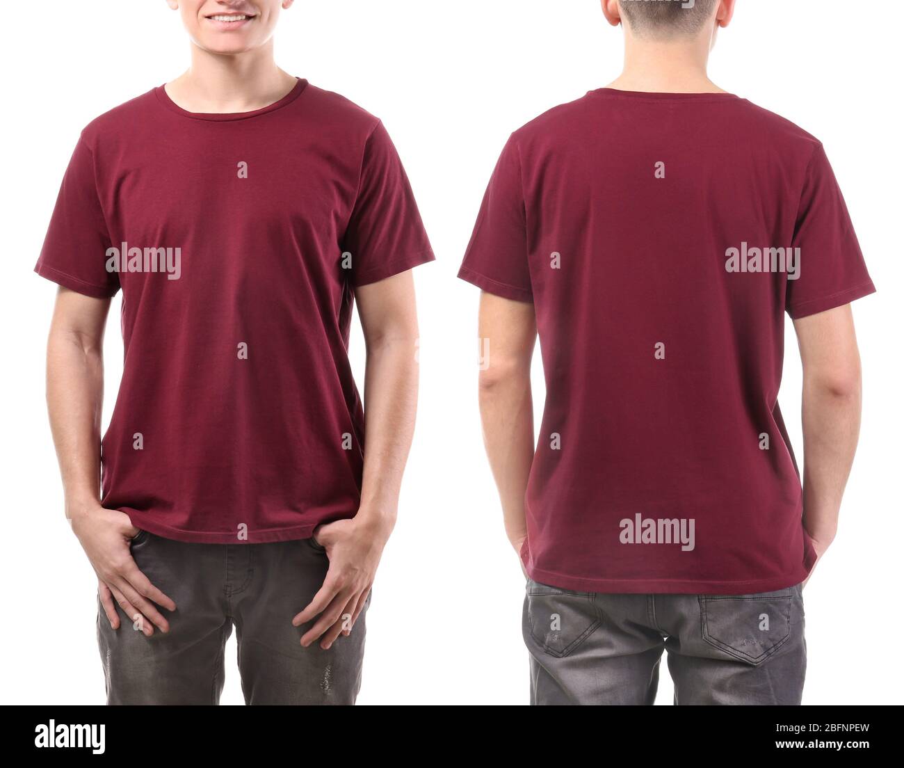 Front and back views of young man in stylish t-shirt on white ...