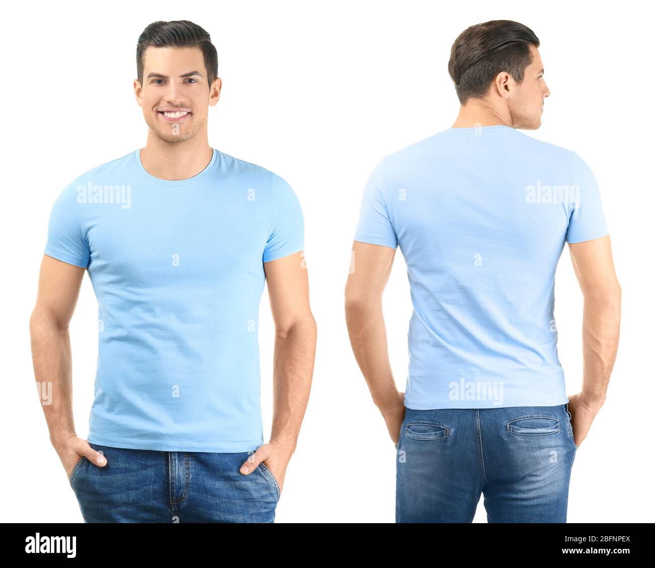 Front and back views of young man in stylish t-shirt on white ...