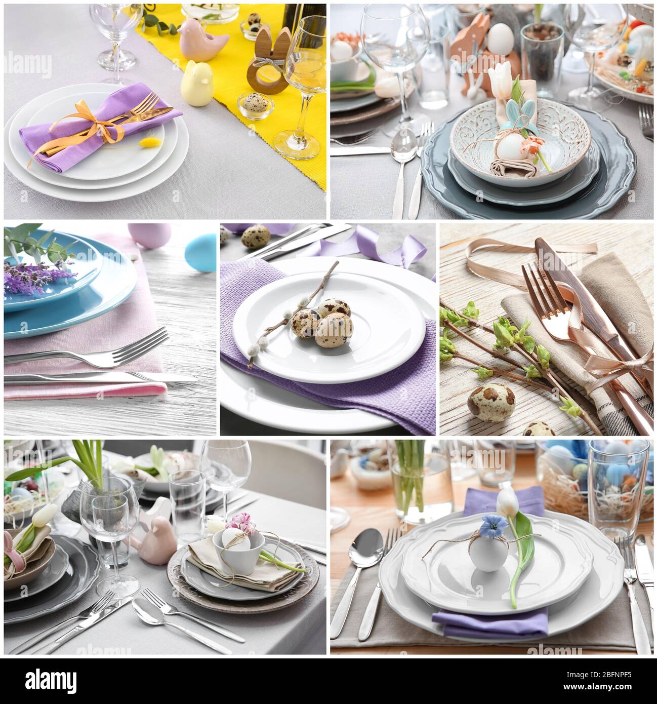 Collage with different ideas for festive Easter table setting Stock Photo