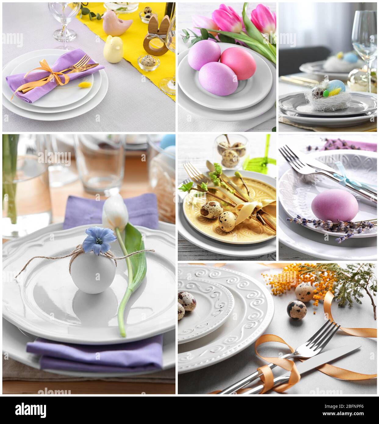 Collage with different ideas for festive Easter table setting Stock Photo