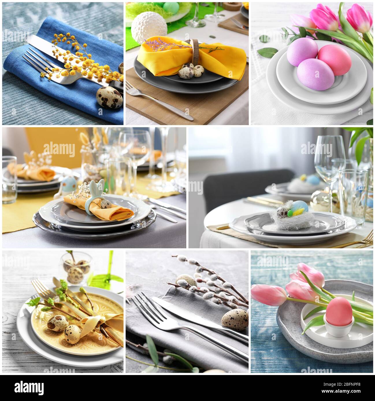 Collage with different ideas for festive Easter table setting Stock Photo