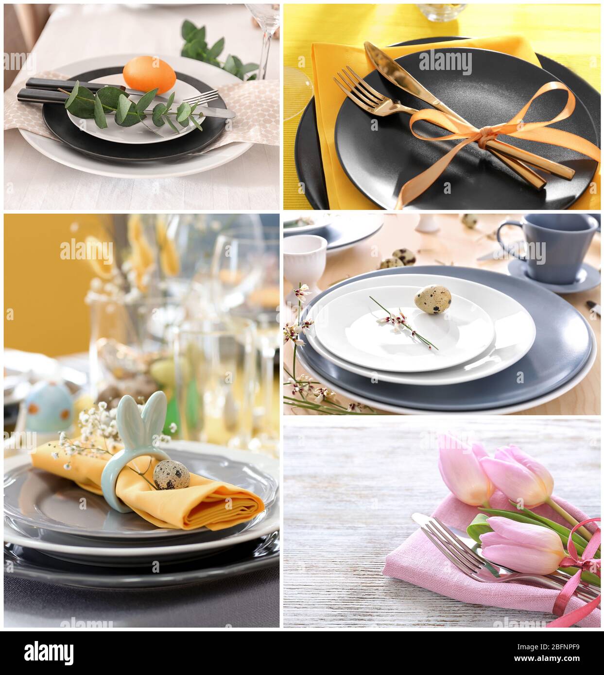 Collage with different ideas for festive Easter table setting Stock Photo