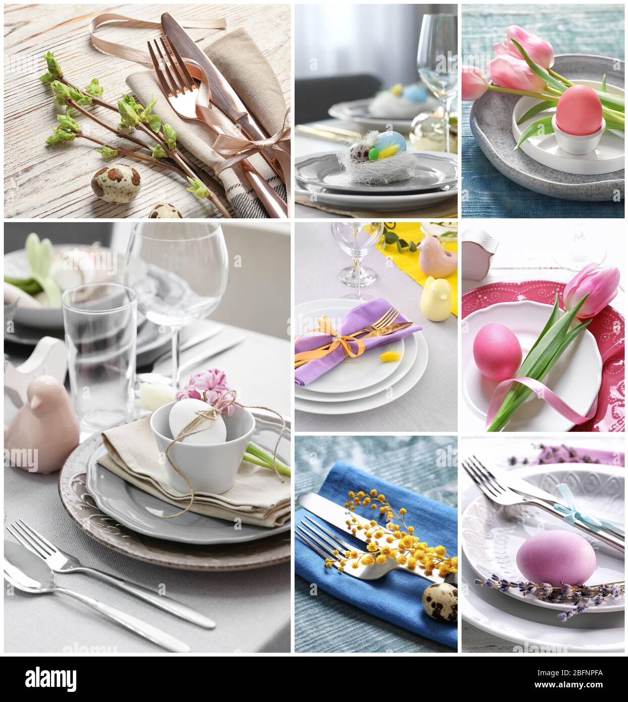 Collage with different ideas for festive Easter table setting Stock Photo