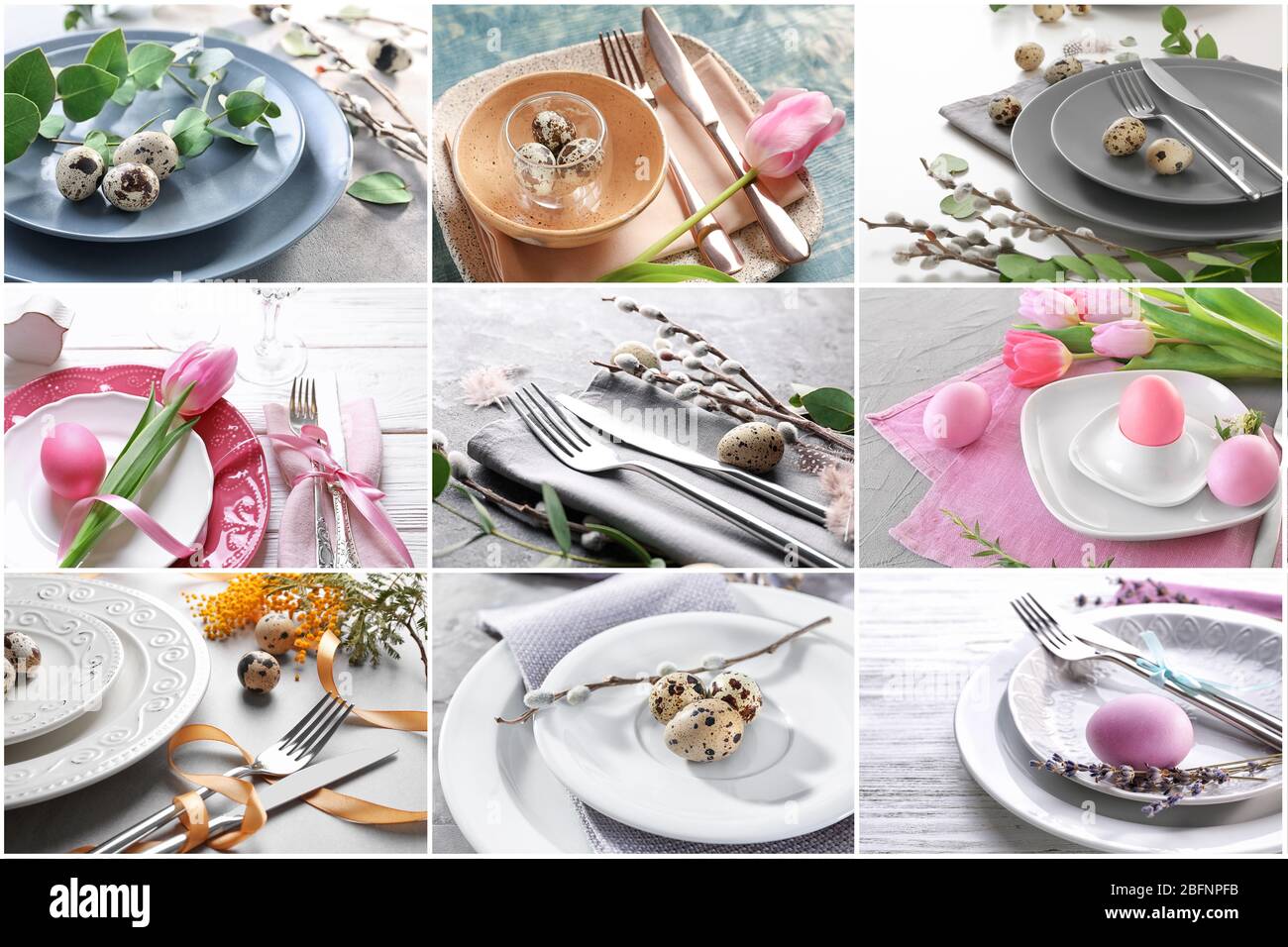 Collage with different ideas for festive Easter table setting Stock Photo