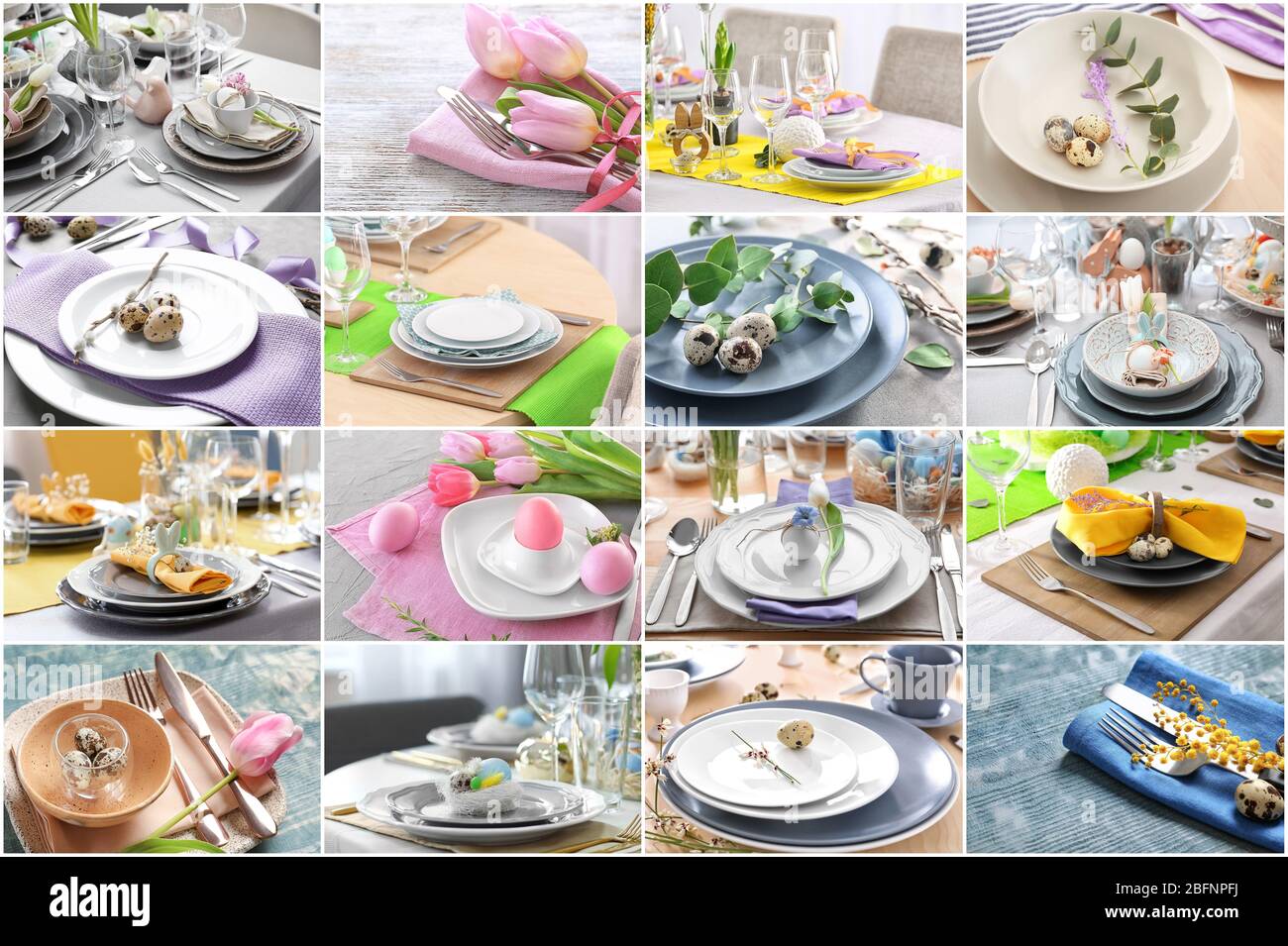 Collage with different ideas for festive Easter table setting Stock Photo