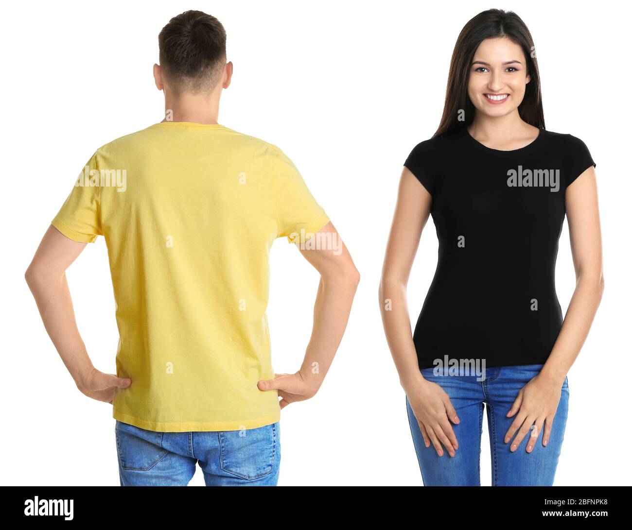 Young people in stylish t-shirts on white background, front and back ...