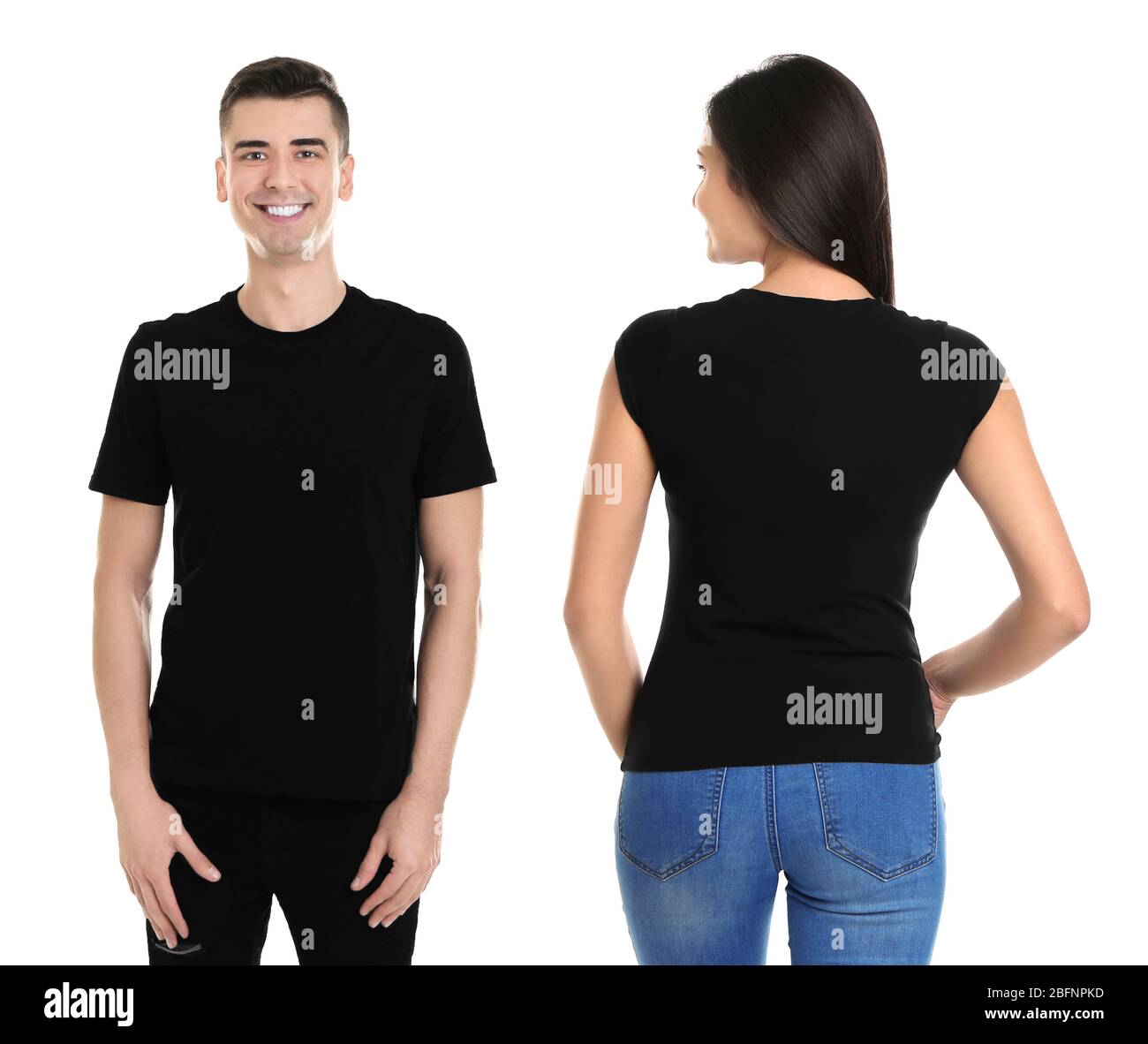 Young people in stylish t-shirts on white background, front and back ...