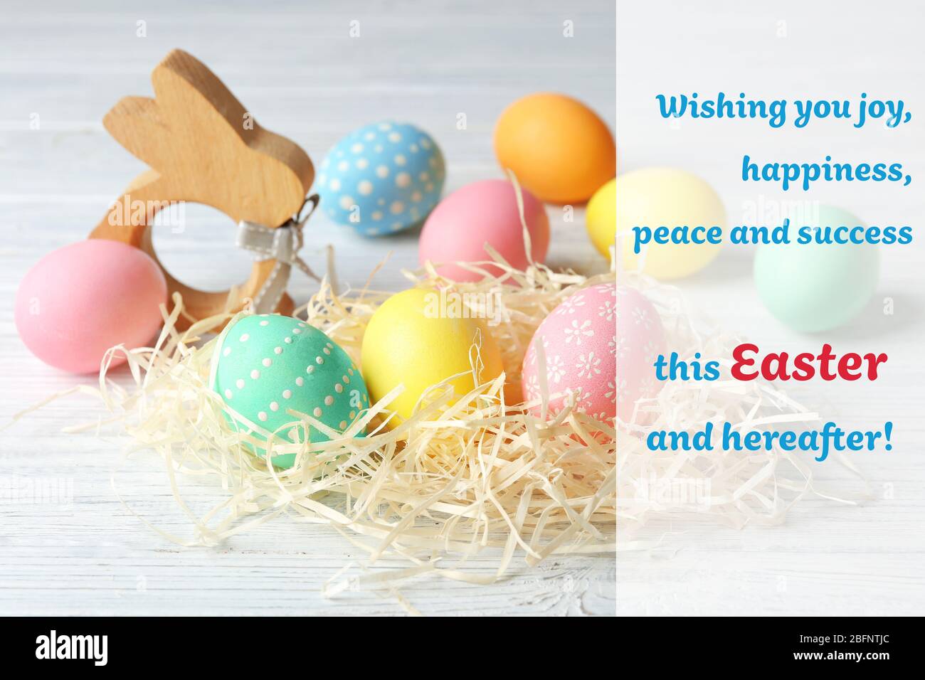 Greeting card design. Nest with colorful Easter eggs and bunny figure ...