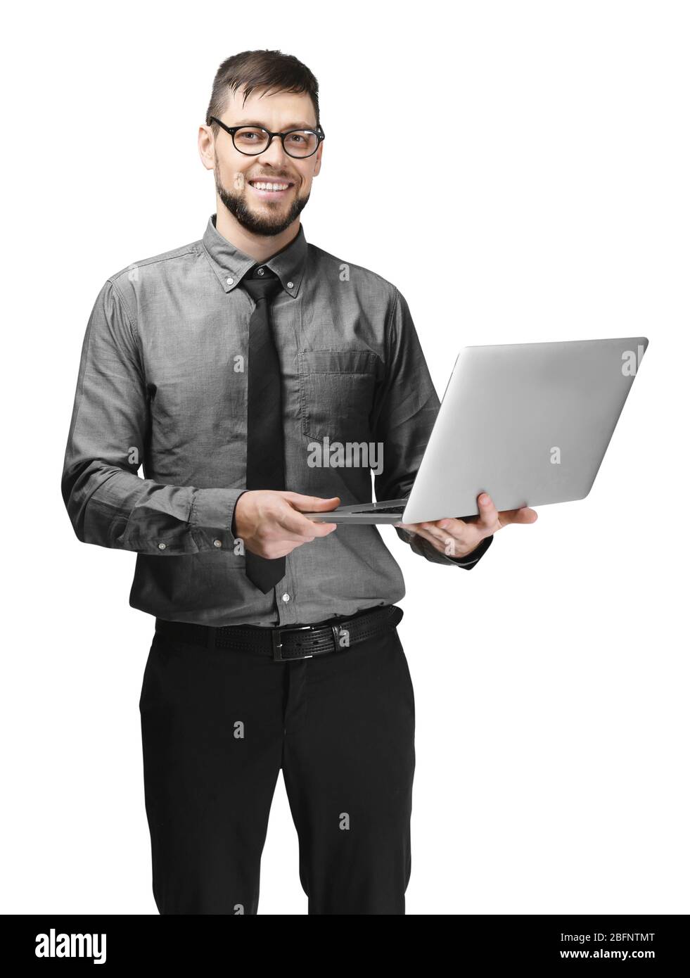 Handsome programmer with laptop on white background Stock Photo