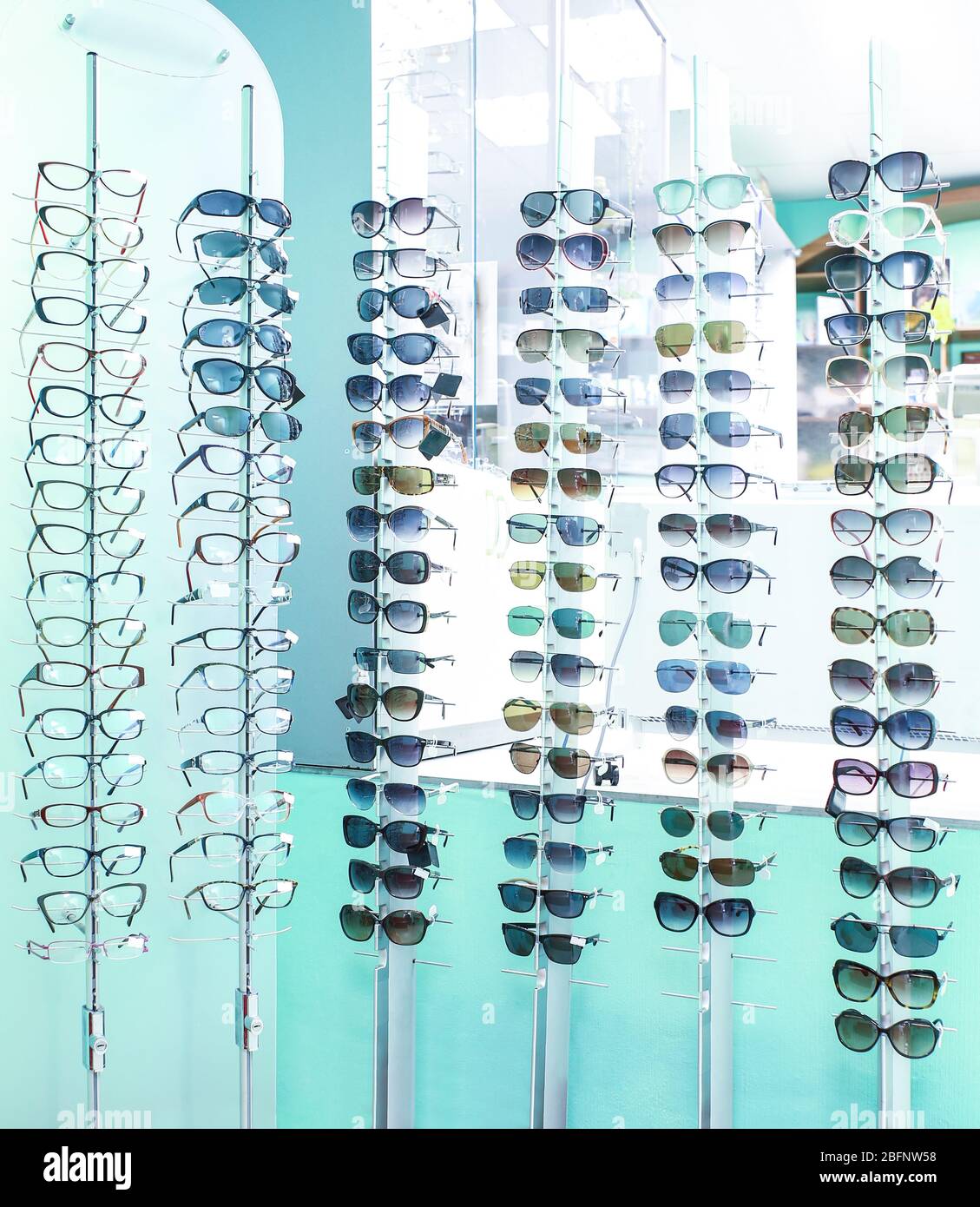 Showcase with glasses in modern optic store Stock Photo