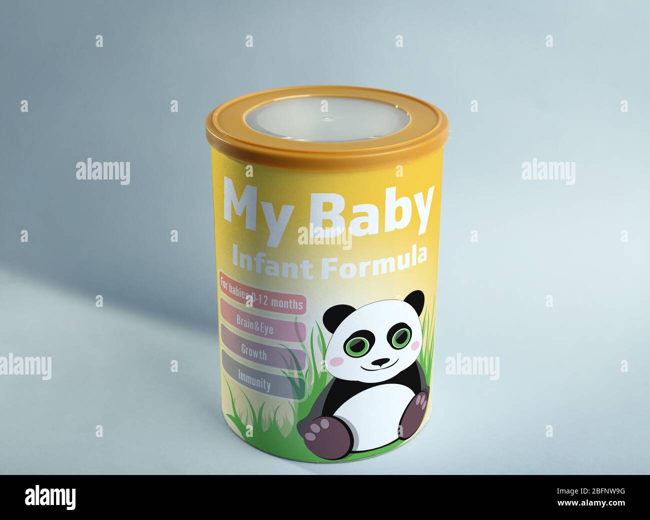 Can of powdered baby milk formula on light background Stock Photo