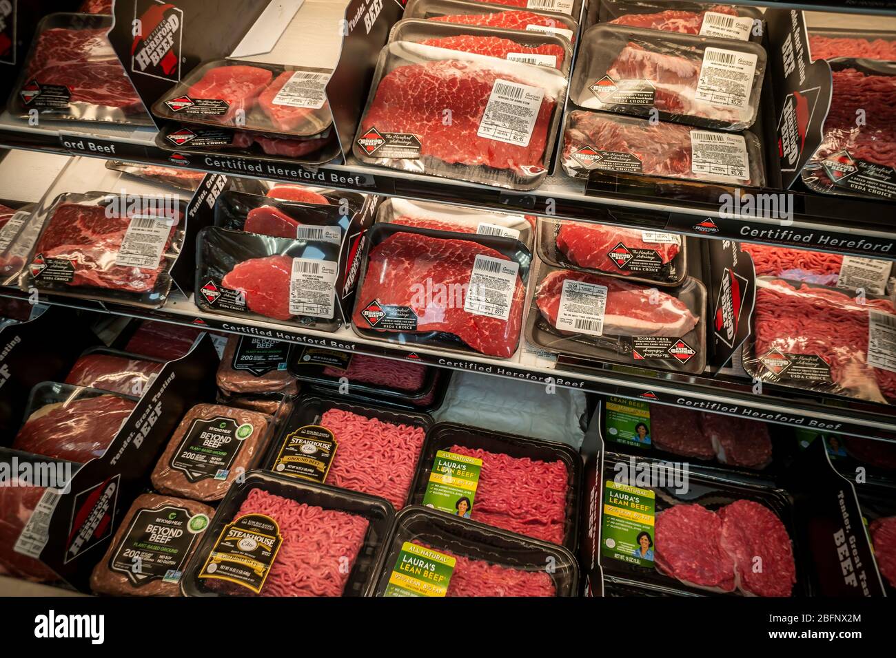An attractive display of meat in the butcher department of a supermarket in New York on Tuesday, April 14, 2020. Smithfield Foods’ CEO Kenneth Sullivan announced that the nation’s meat supply is “perilously close” to a shortage. (© Richard B. Levine) Stock Photo