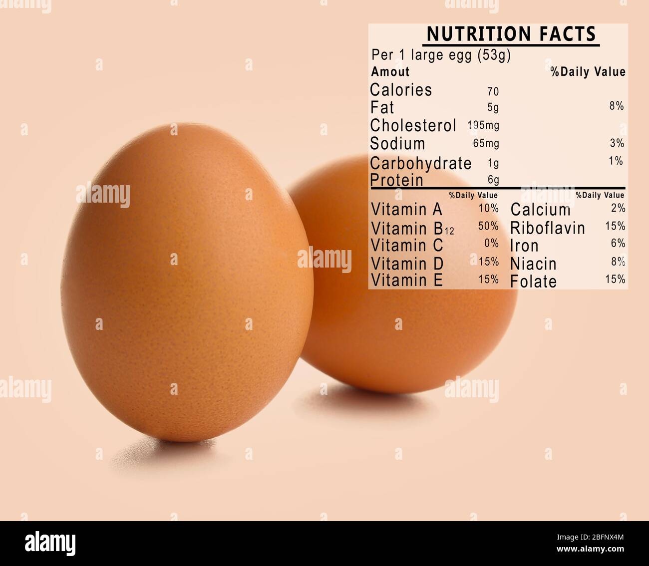 Raw eggs and list of nutrition facts on color background Stock Photo